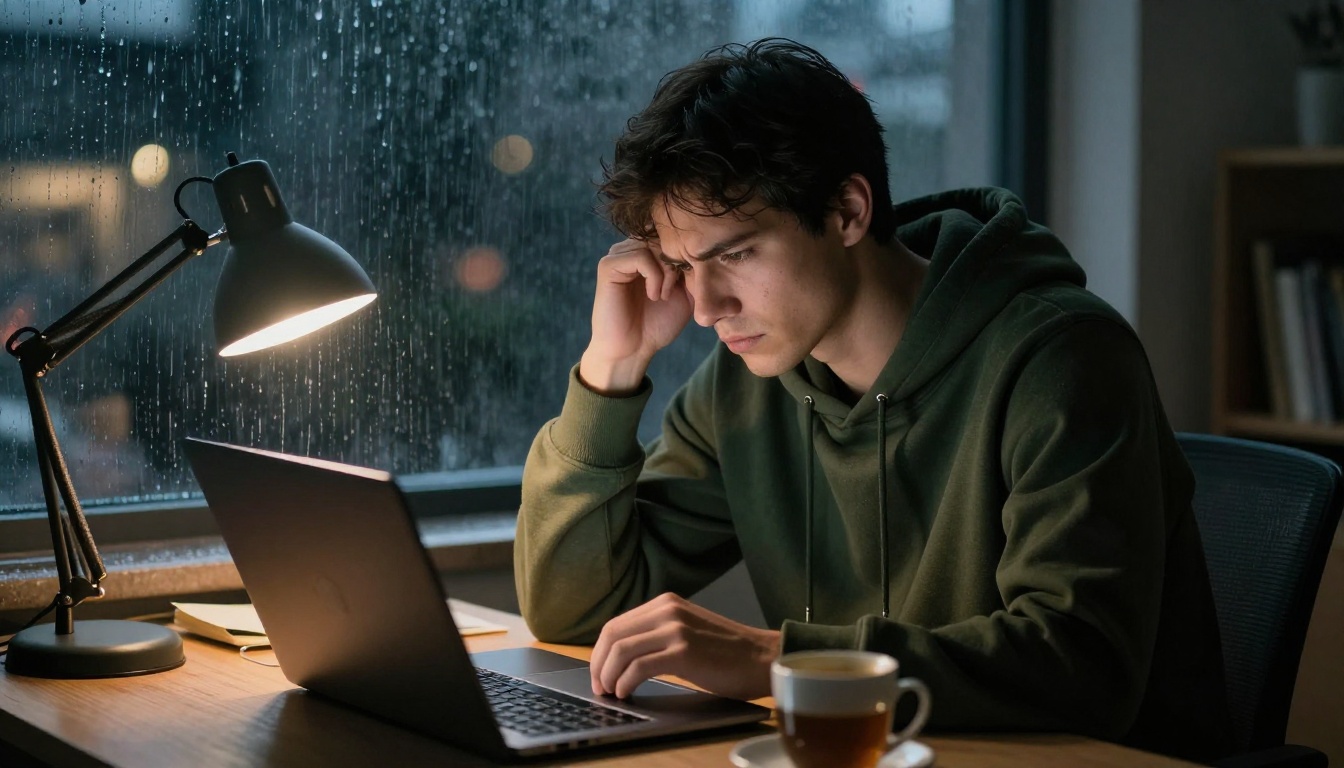 Developer in a green hoodie frowning at a laptop in a dim office with rain on the window behind