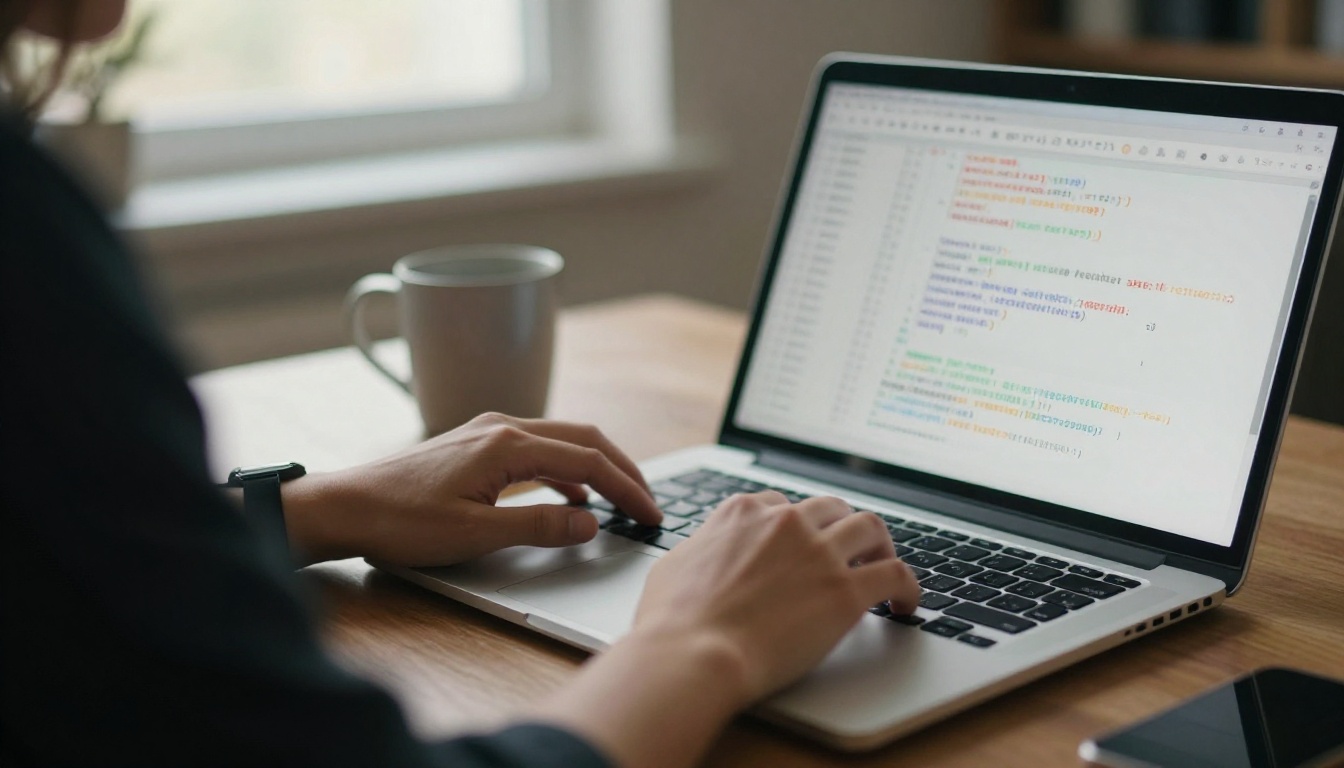 Developer hands resting on a laptop in a quiet home office at sunrise