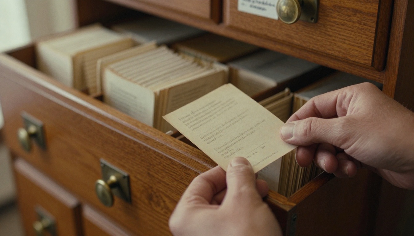 A librarian pulling one index card from a long wooden card catalog drawer