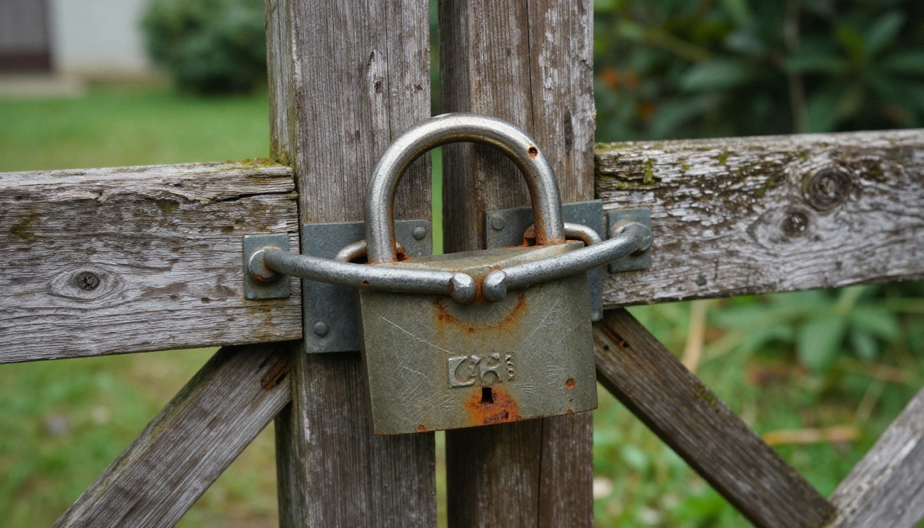 A steel padlock and iron chain locking a weathered wooden gate