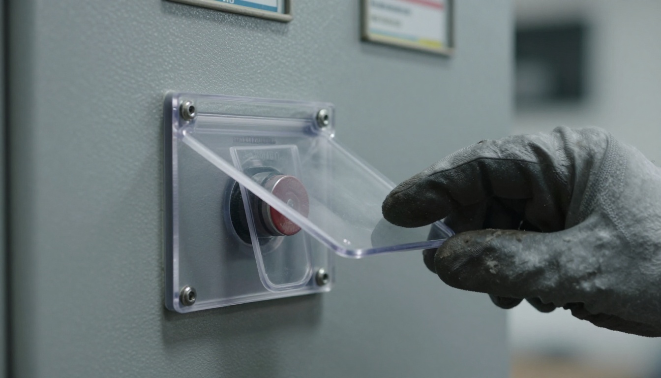 An industrial lever switch under a hinged clear guard with a gloved hand hovering above it