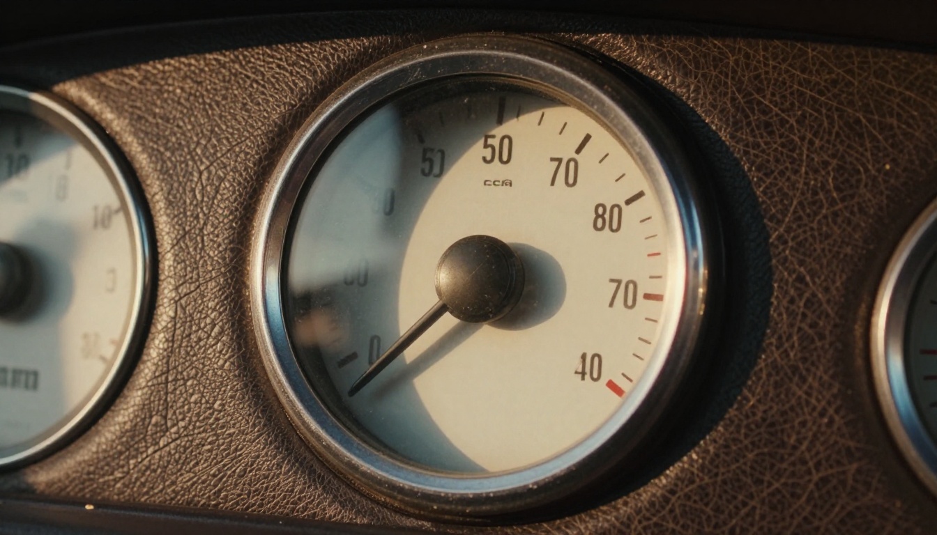 A fuel gauge needle resting near the middle of its arc on a vintage dashboard
