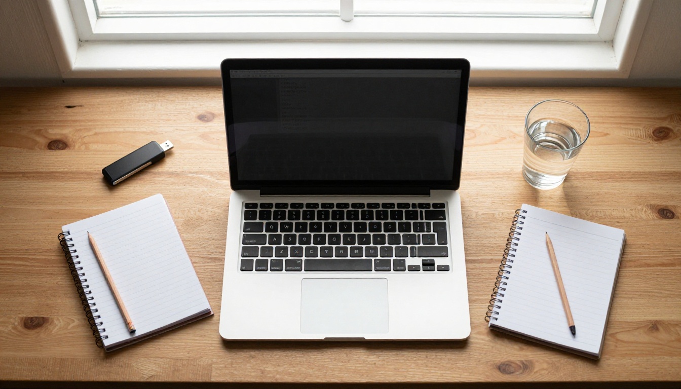 Top-down view of a tidy desk with a laptop, notebook, USB drive and glass of water