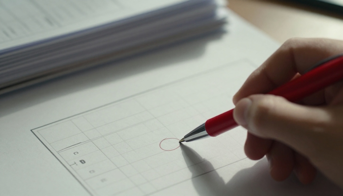 A hand circling one line on a printed configuration sheet with a red pen