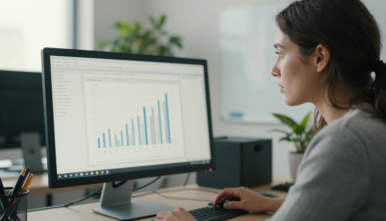 A woman studying a monitor with a bar chart in a bright office