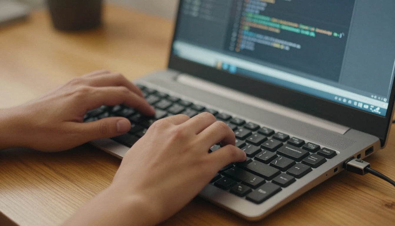 Developer hands typing on a laptop with a hardware security token plugged in
