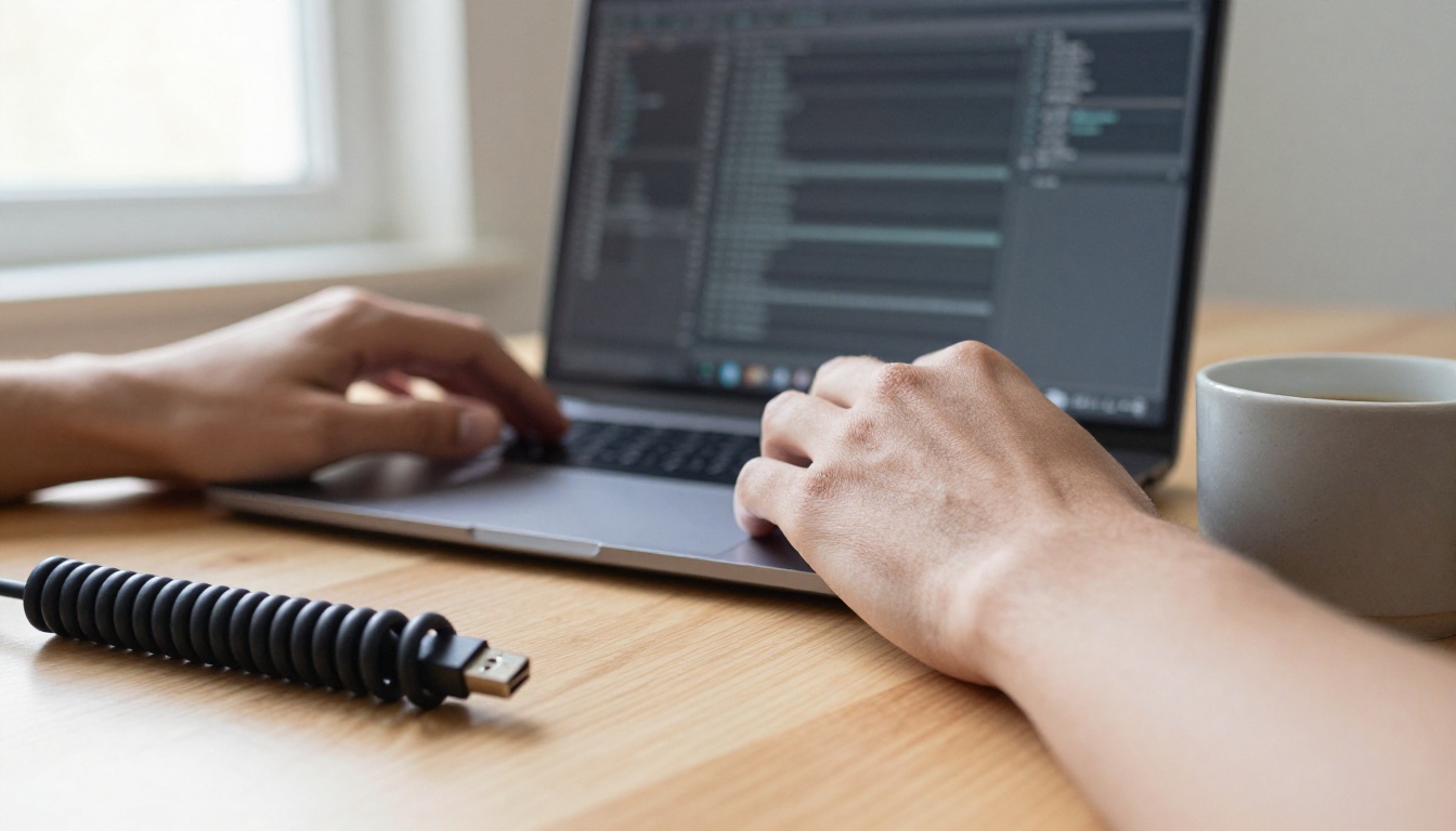 A developer's hands resting on a slim laptop beside a coffee mug in soft morning light