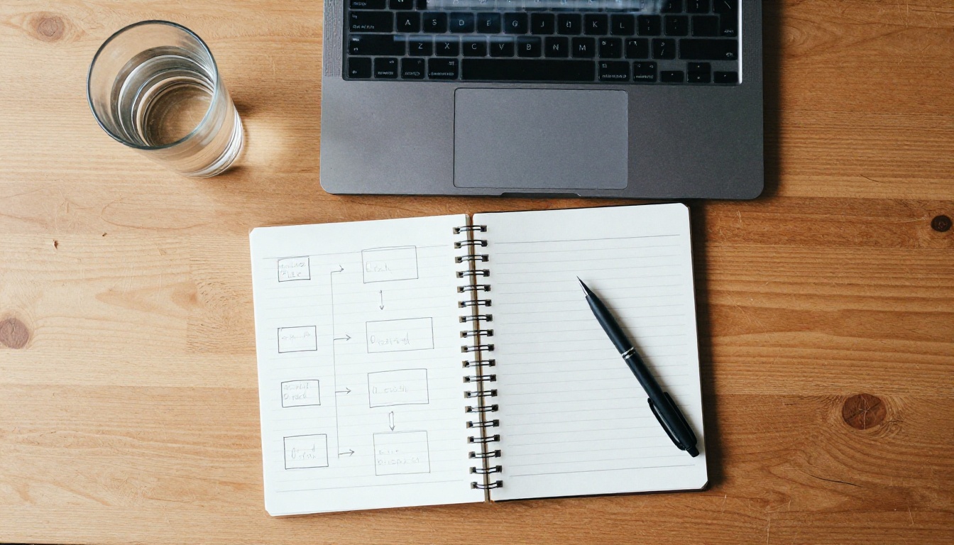 Overhead view of a wooden desk with a laptop and a notebook of hand-drawn diagrams