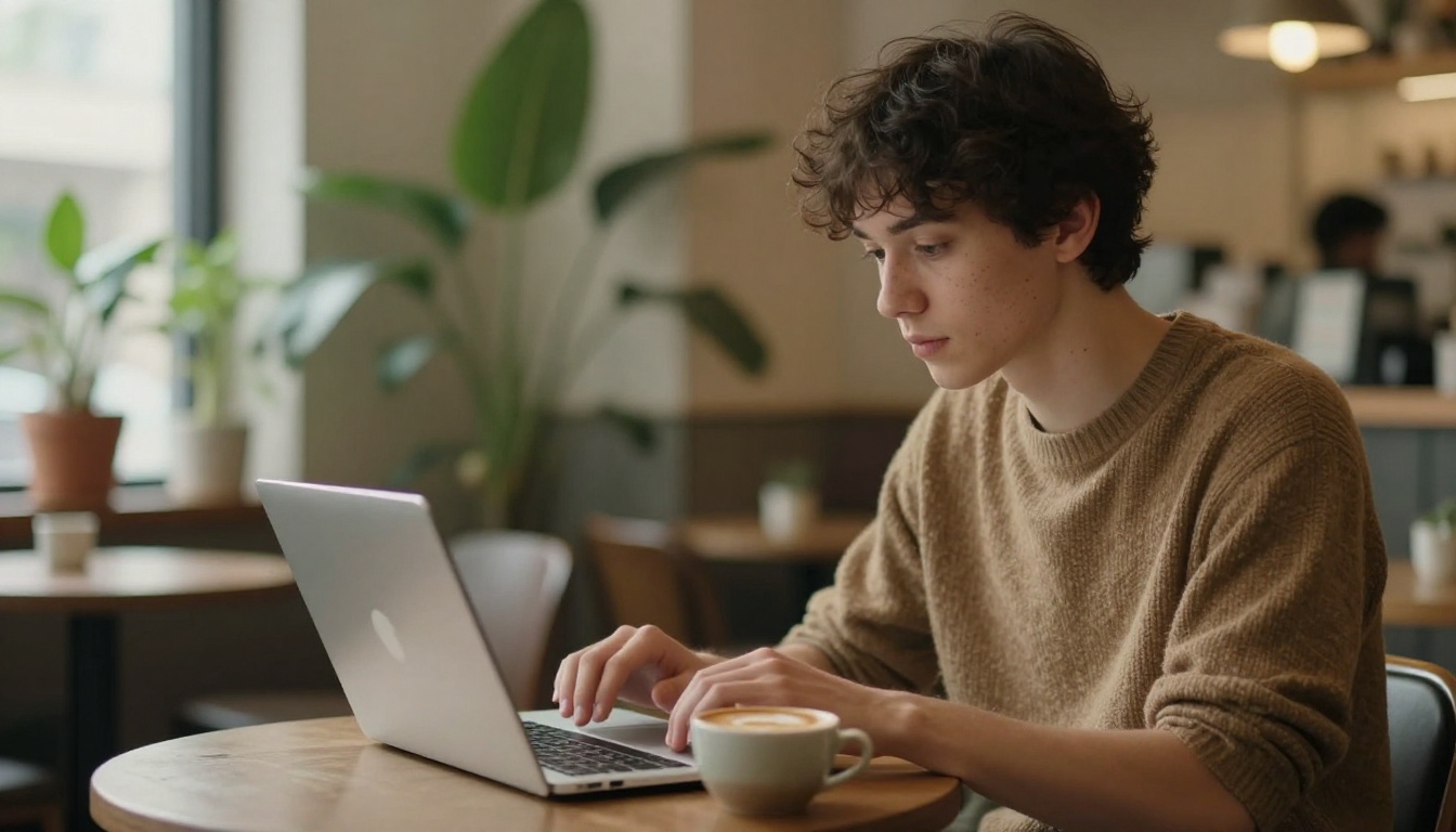 A young developer working on a silver laptop at a sunlit cafe table