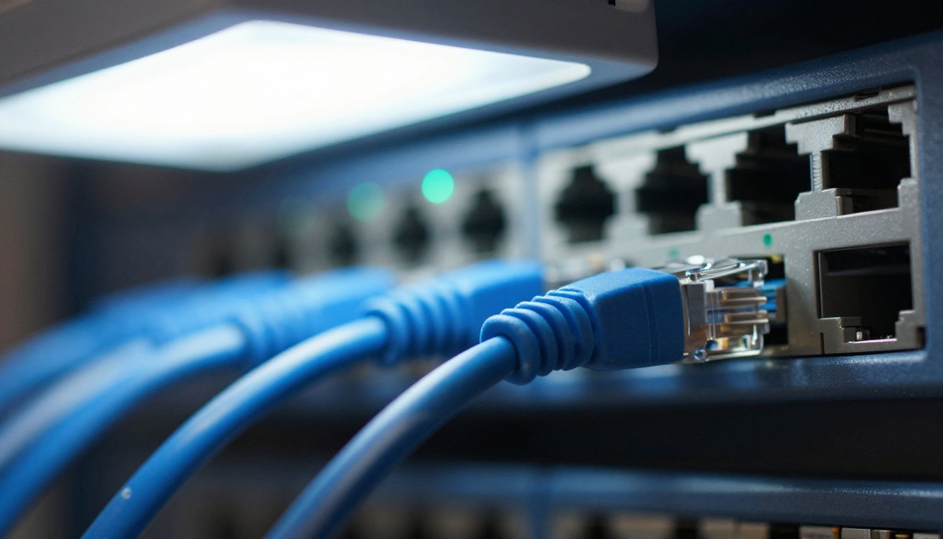 A loose ethernet cable hanging from a network patch panel