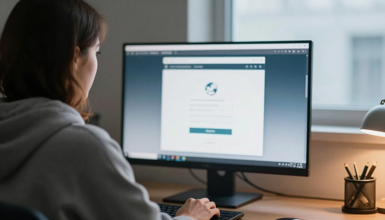 Over-the-shoulder view of a woman looking at a sign-in form on a large monitor