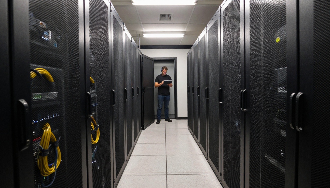 A quiet server room aisle with rows of black racks and a distant technician