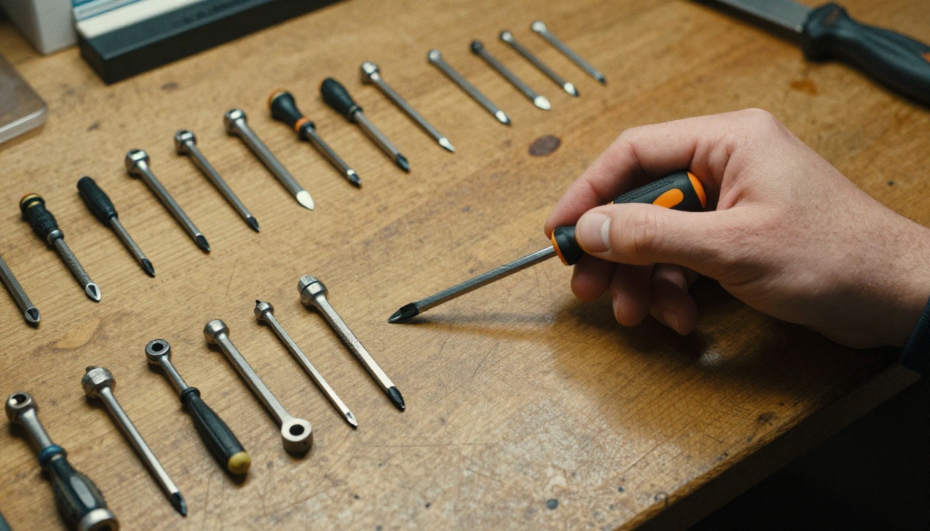 A workbench with dozens of small hand tools laid out in neat rows