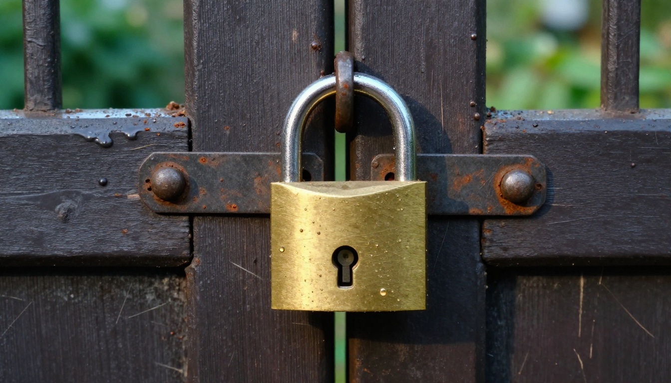 A heavy brass padlock on a weathered wooden gate with morning dew