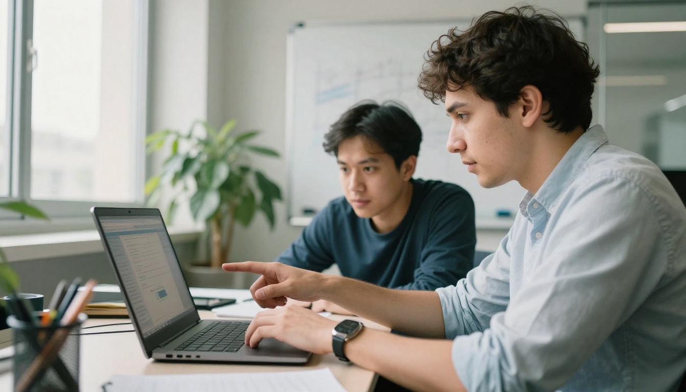 Two software engineers at a standing desk pointing at a laptop screen