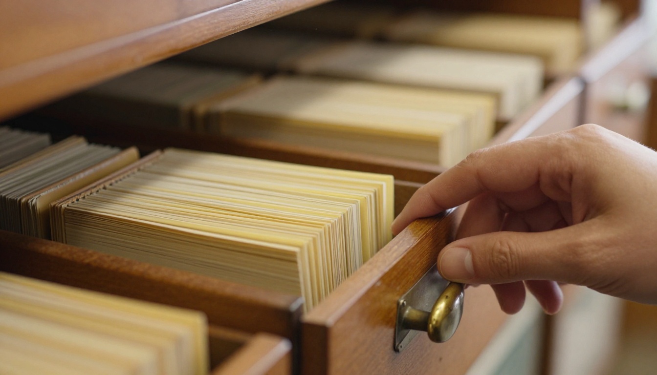 Hand sliding open an oak card catalog drawer full of index cards