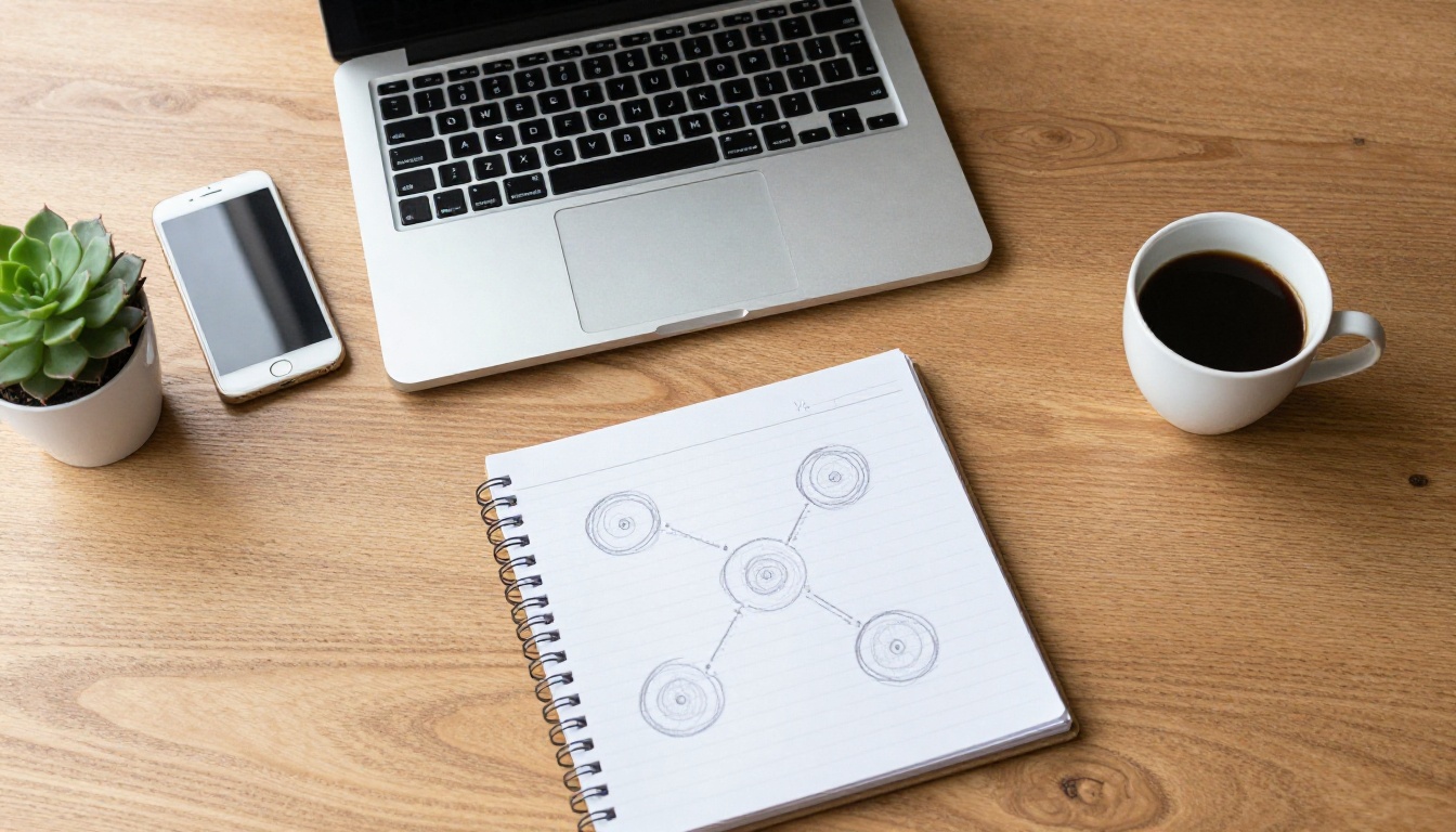 Top-down view of a tidy oak desk with a laptop, coffee, and a notebook of connected circles