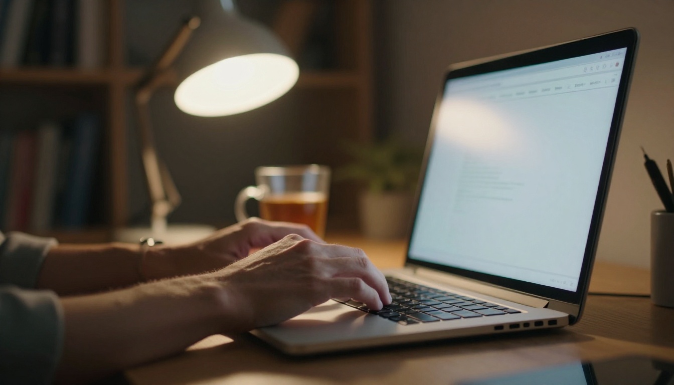 Side-lit hands typing on a laptop in a dim home office