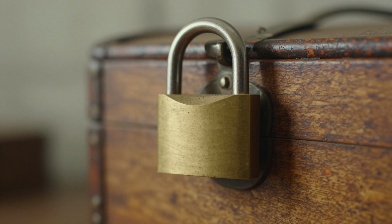Macro shot of a brass padlock on an old wooden chest