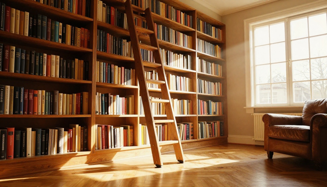 Low-angle view of floor to ceiling bookshelves with a rolling ladder in warm afternoon light