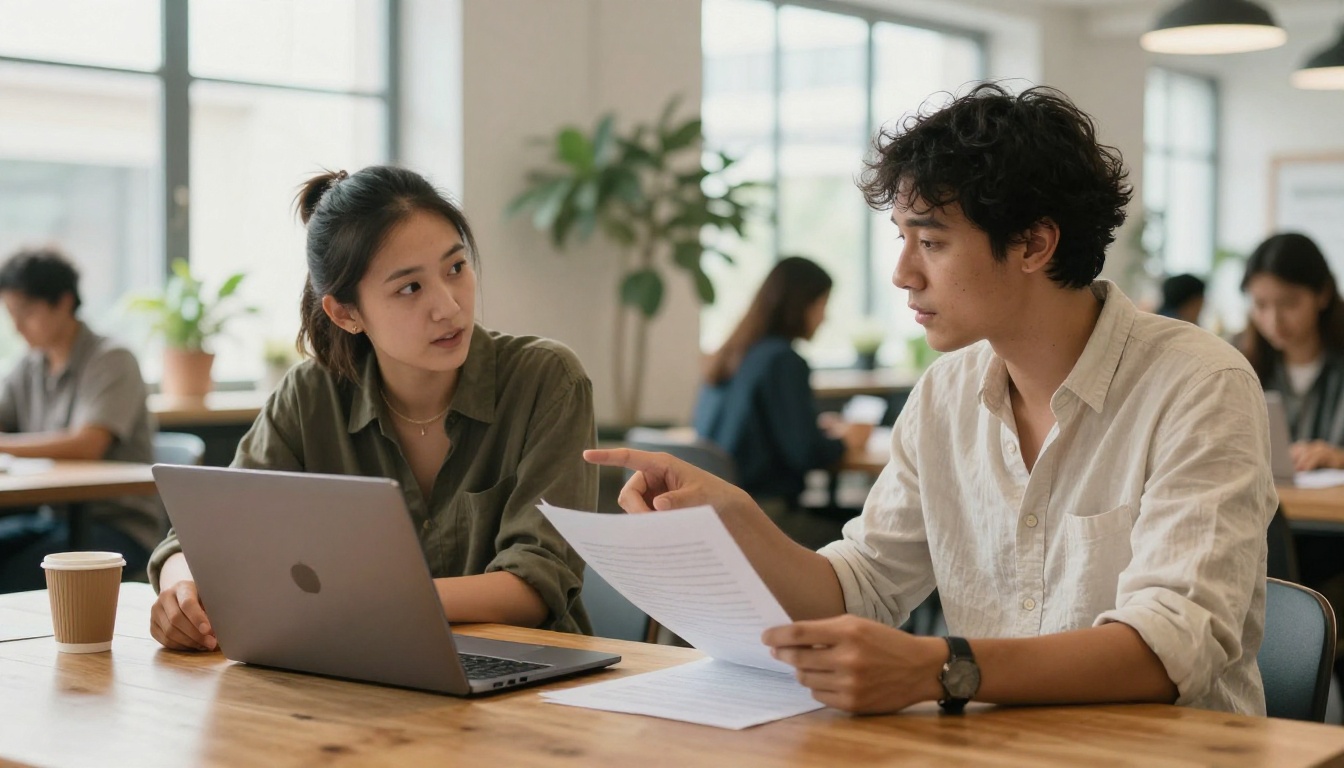 Two colleagues reviewing a laptop and printed page at a reclaimed wood table