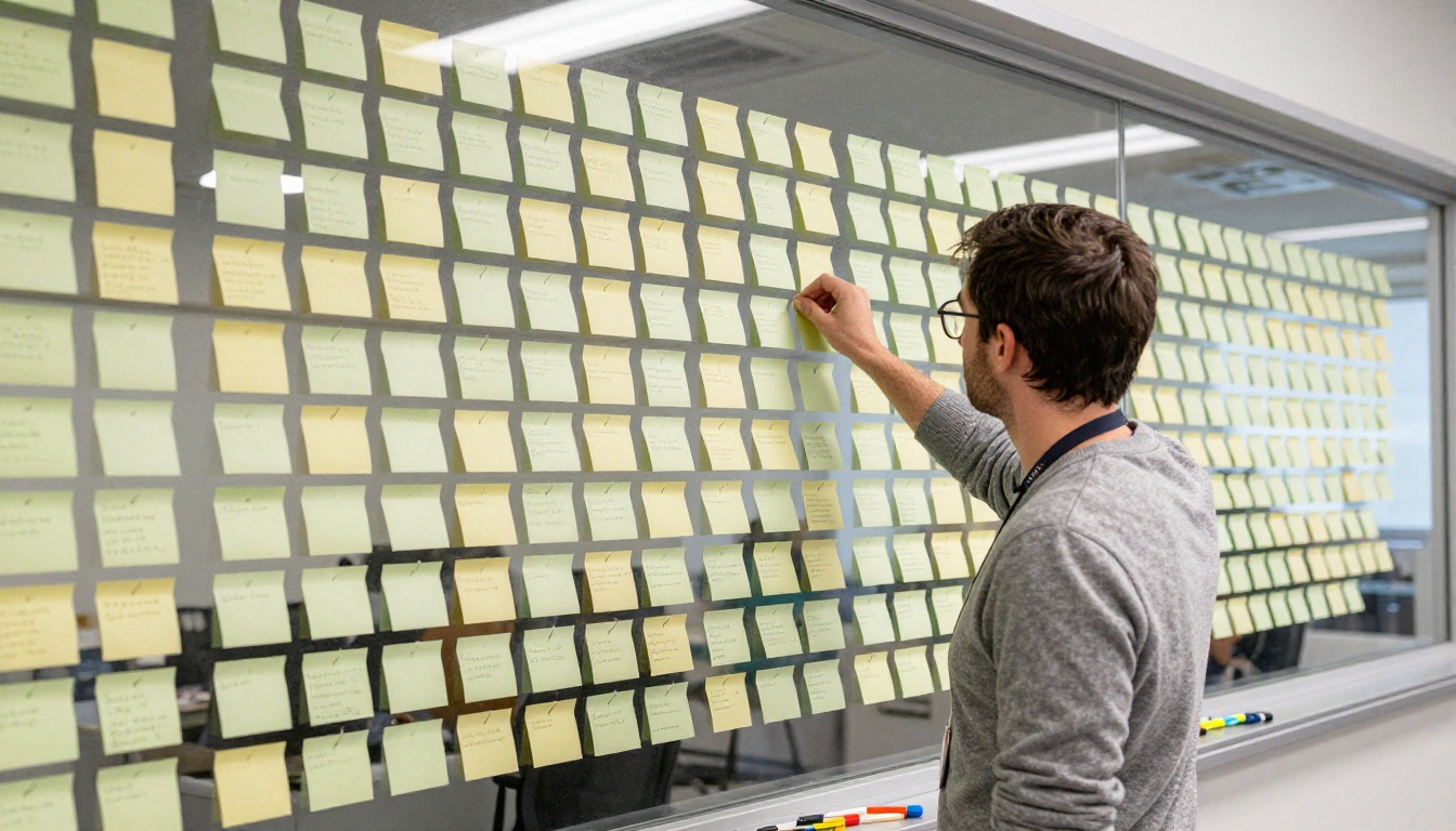 Researcher placing a note on a glass wall covered in connected index cards