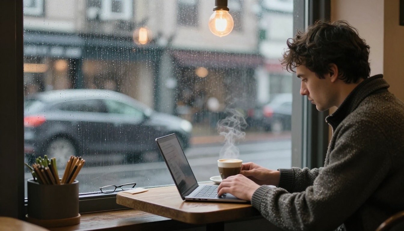 Man at a rainy cafe window working on a laptop with a cappuccino