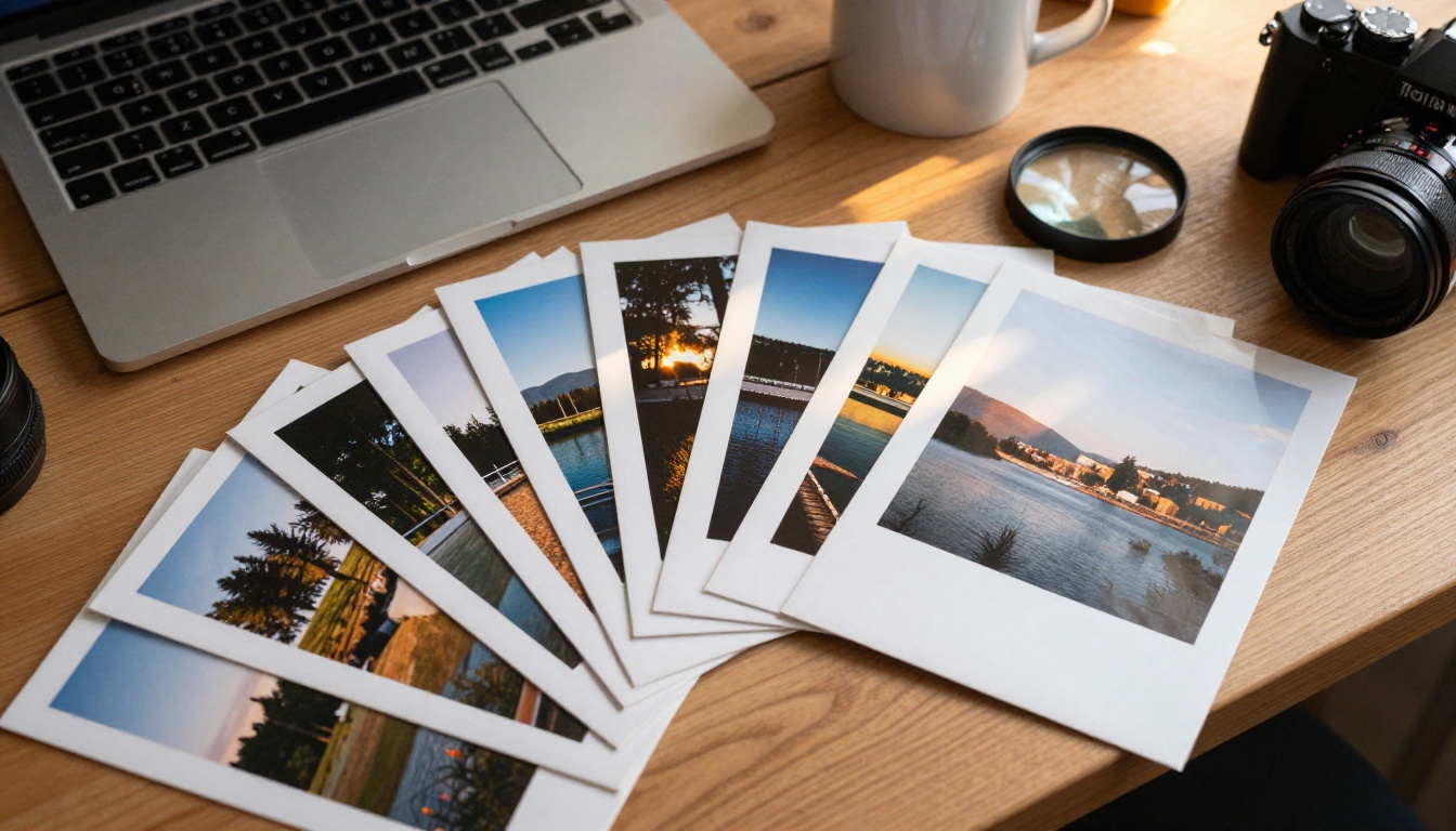 Photographer's desk with printed photos fanned out beside a laptop and camera lens