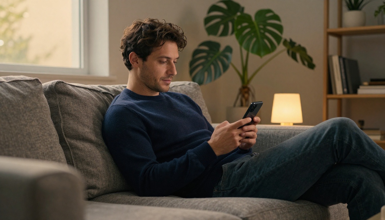A man in a navy sweater typing a message on his phone on a living room sofa in warm evening light