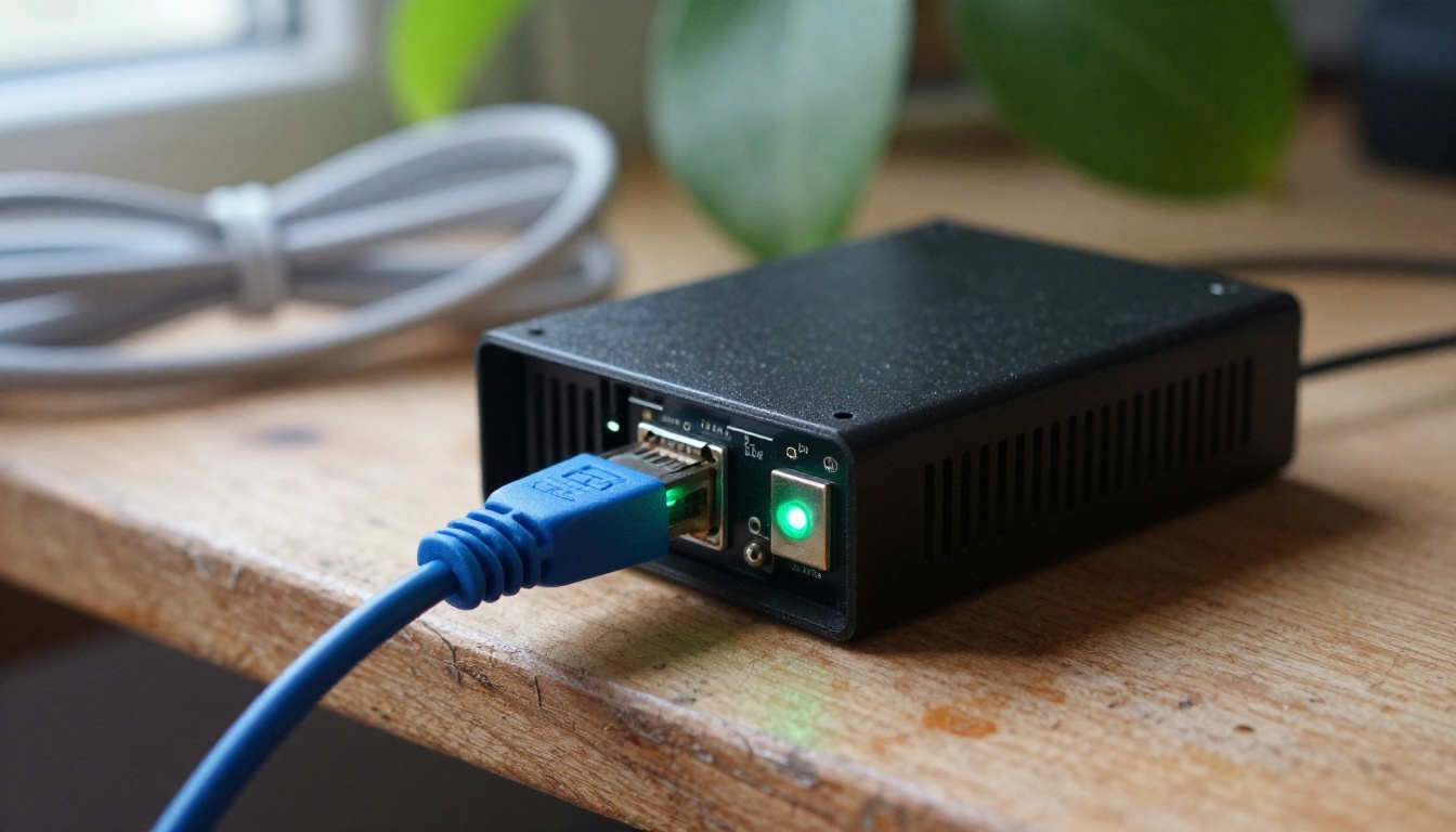 Close-up of a small black mini computer with a blue Ethernet cable on a wooden shelf