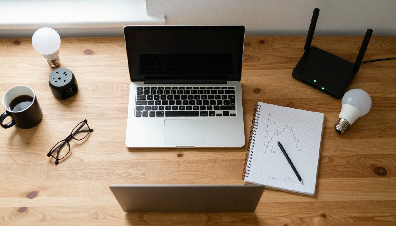 Top-down view of a wooden desk with a laptop, a notebook, a smart plug and a smart bulb