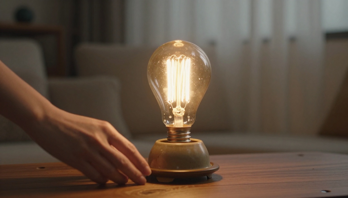 A woman's hand reaching toward a glowing filament bulb in a ceramic lamp at dusk