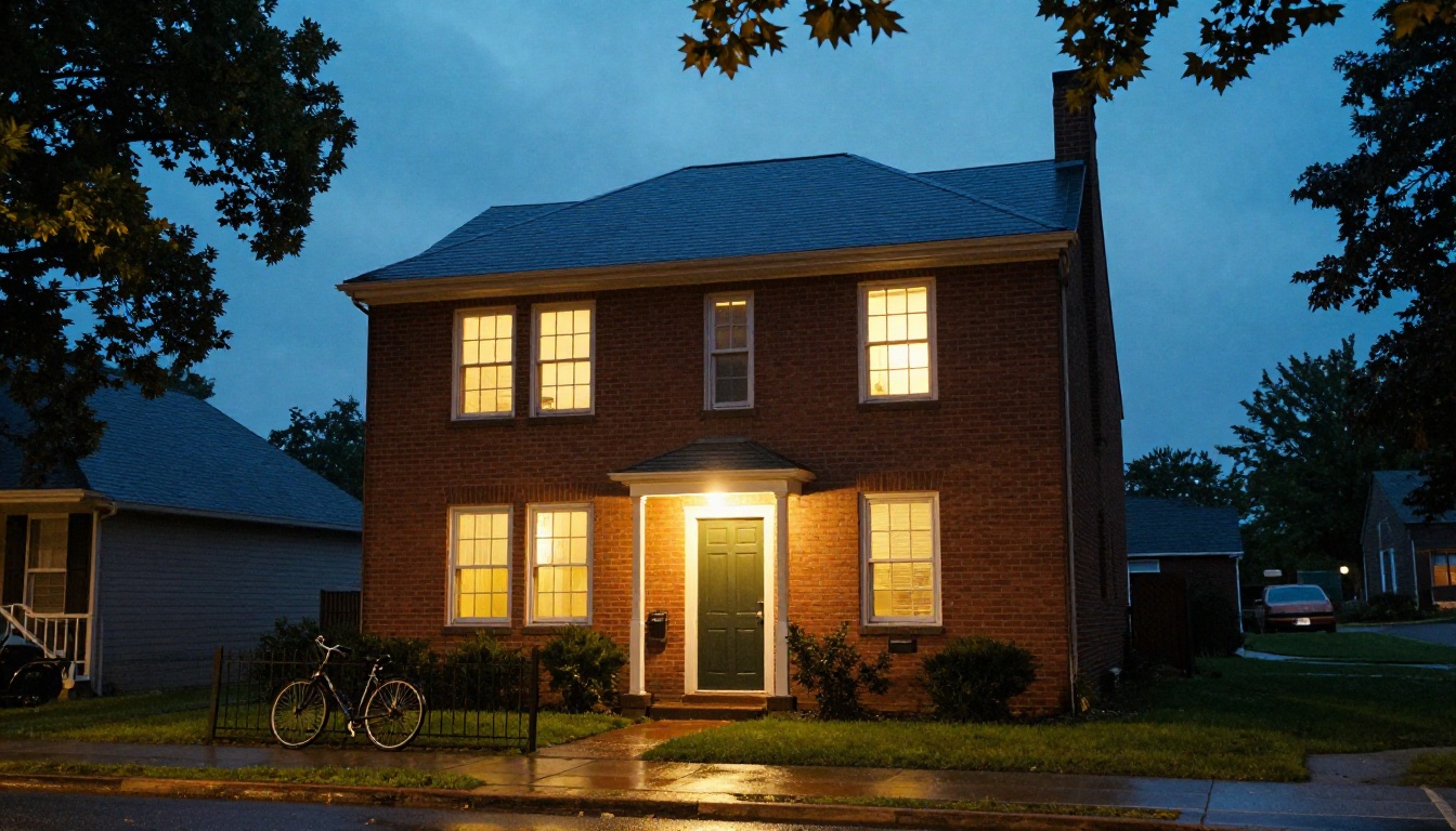 A brick house at dusk with warm light glowing in the downstairs windows