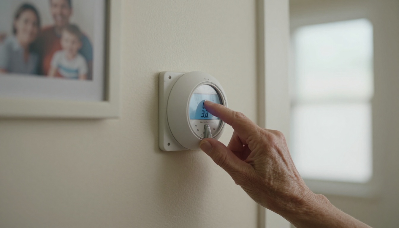 A woman's hand turning the dial of a round white wall thermostat in a bright hallway