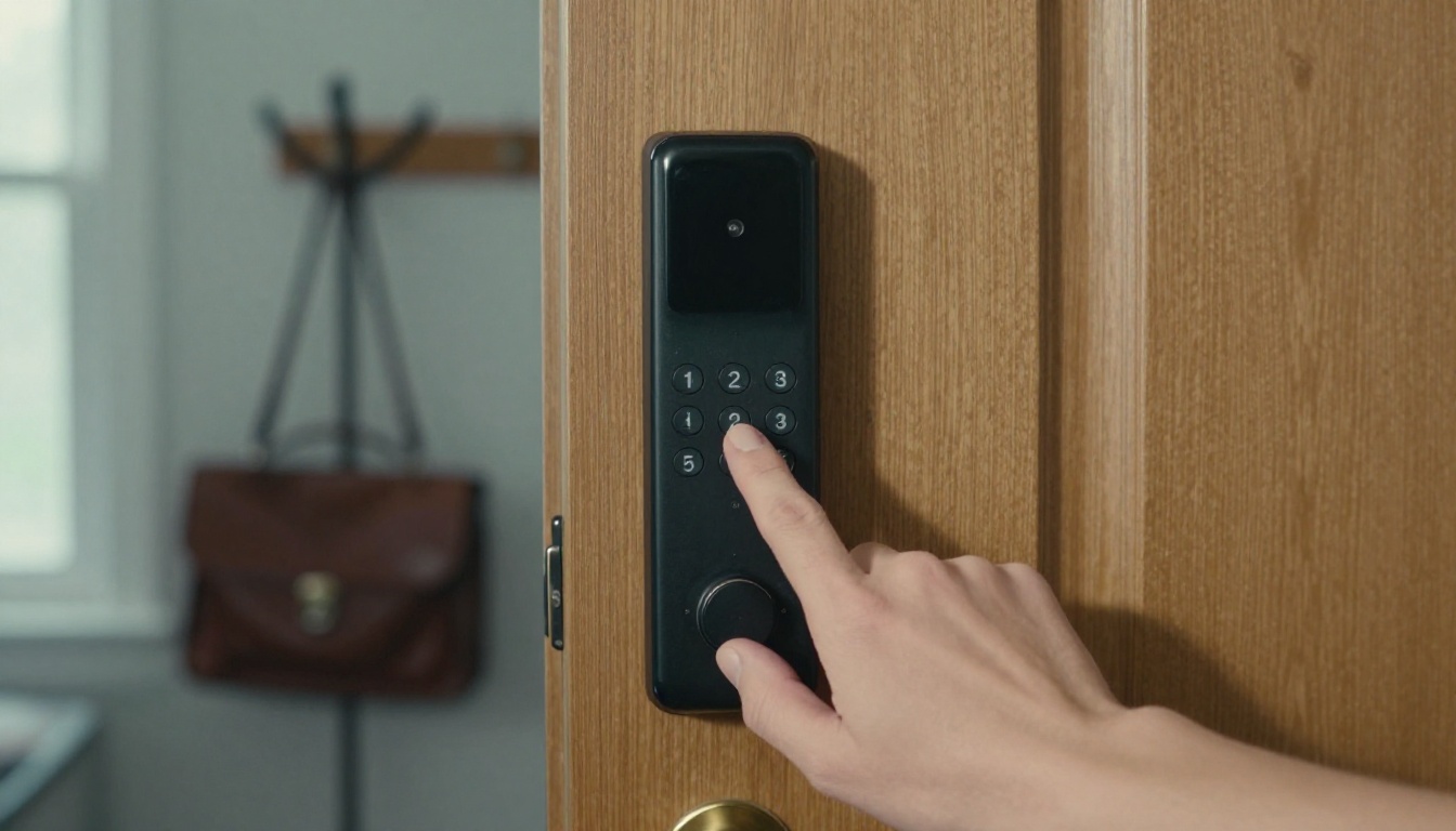 A hand pressing the panel of a matte black smart lock fitted to an oak front door