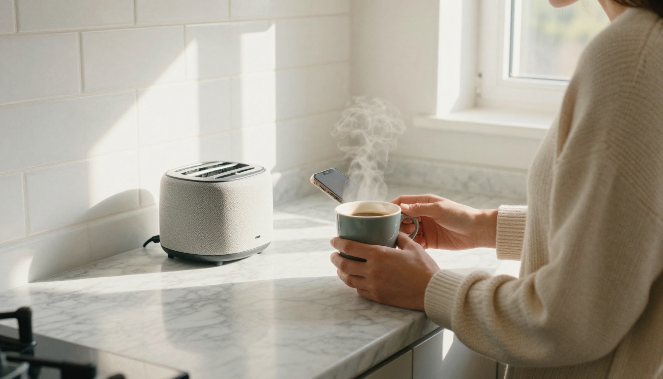 A woman in a cream cardigan holding a coffee cup and looking at her phone in a sunny kitchen