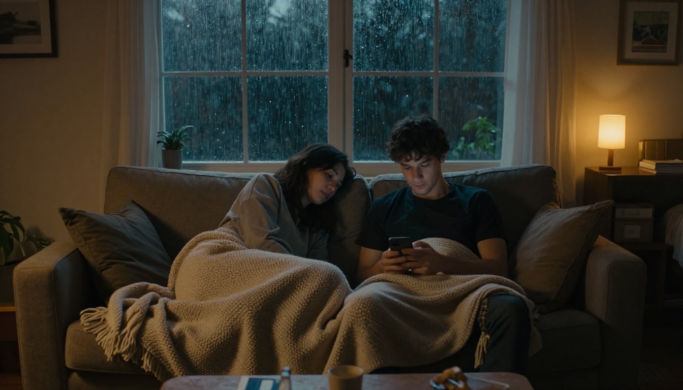 A young couple relaxing on a sofa under a knitted blanket in a cozy living room at night
