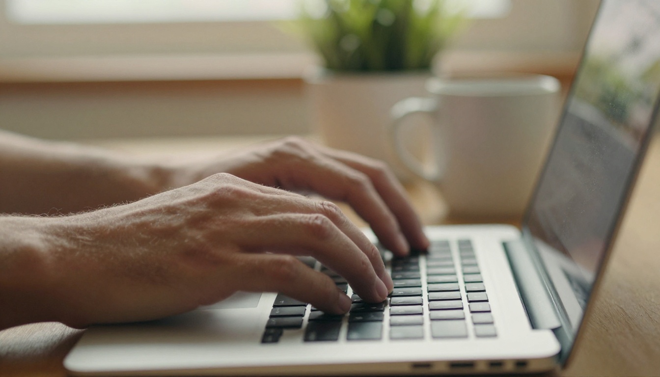 Close-up of a developer's hands typing on a laptop in warm window light