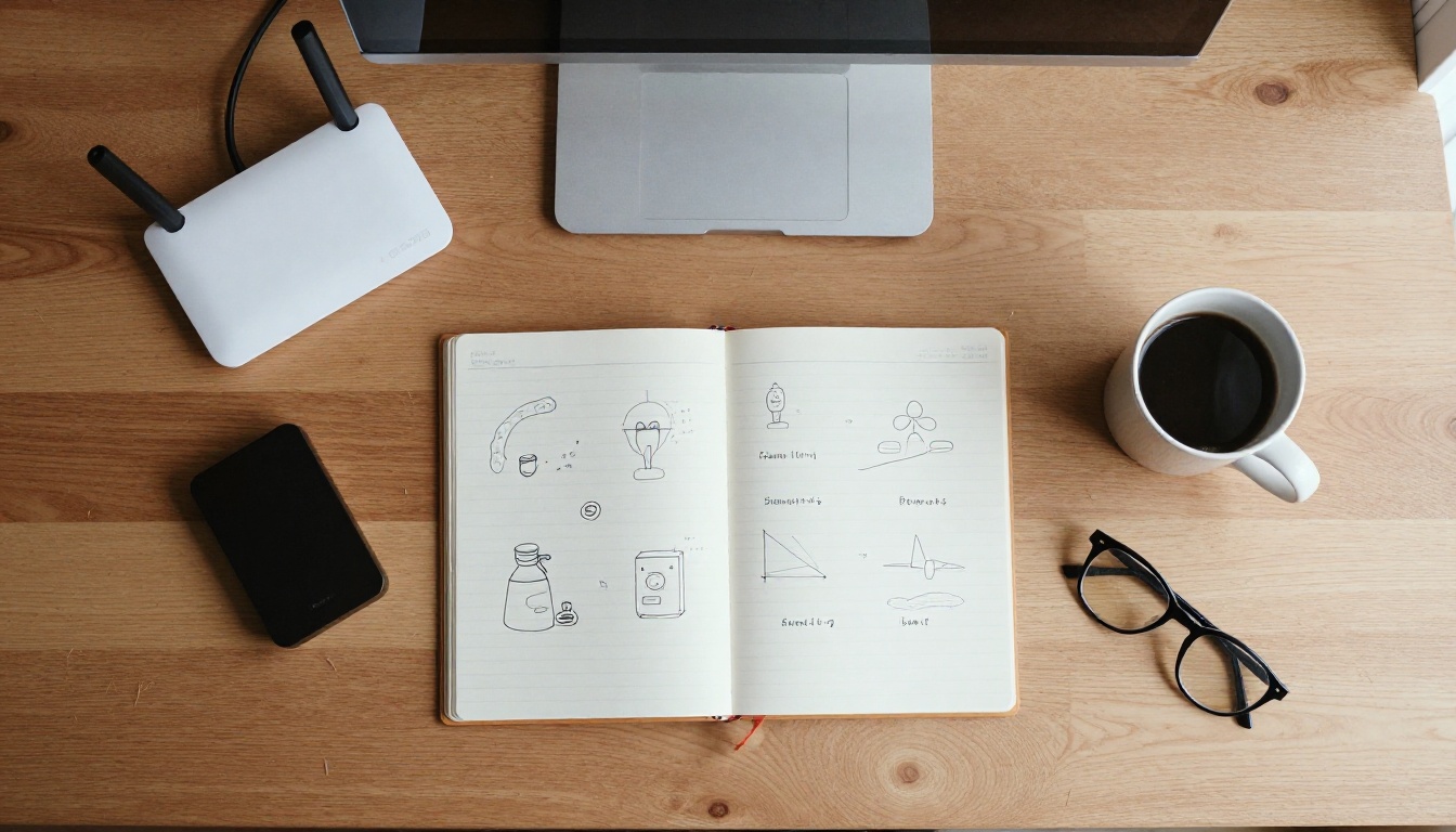 Aerial view of a tidy desk with a notebook, mini PC and router