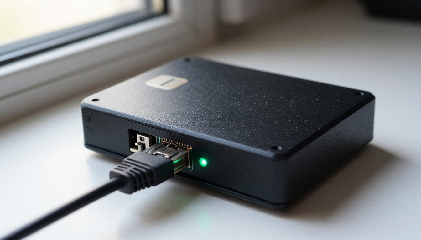 Macro shot of a single-board computer in a black case with an ethernet cable