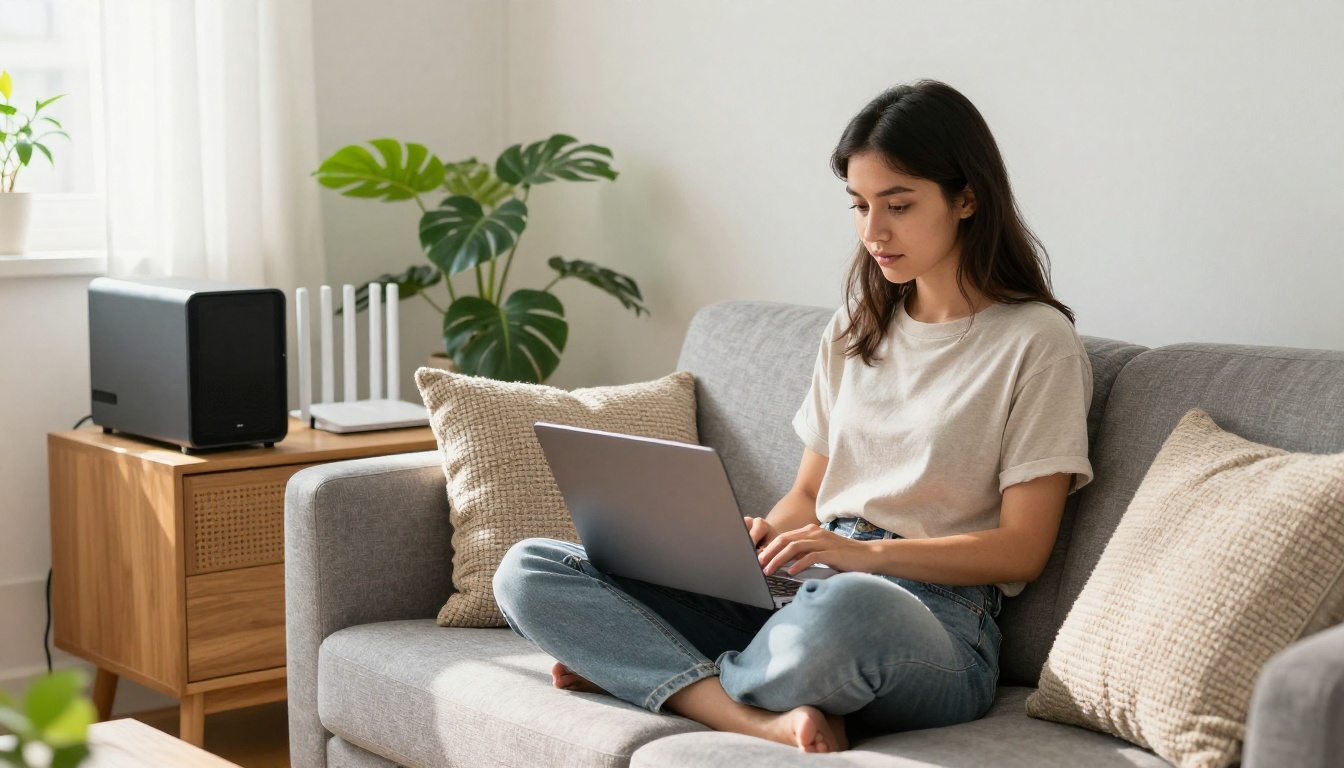 A woman developer on a grey sofa with a laptop on her knees in morning light