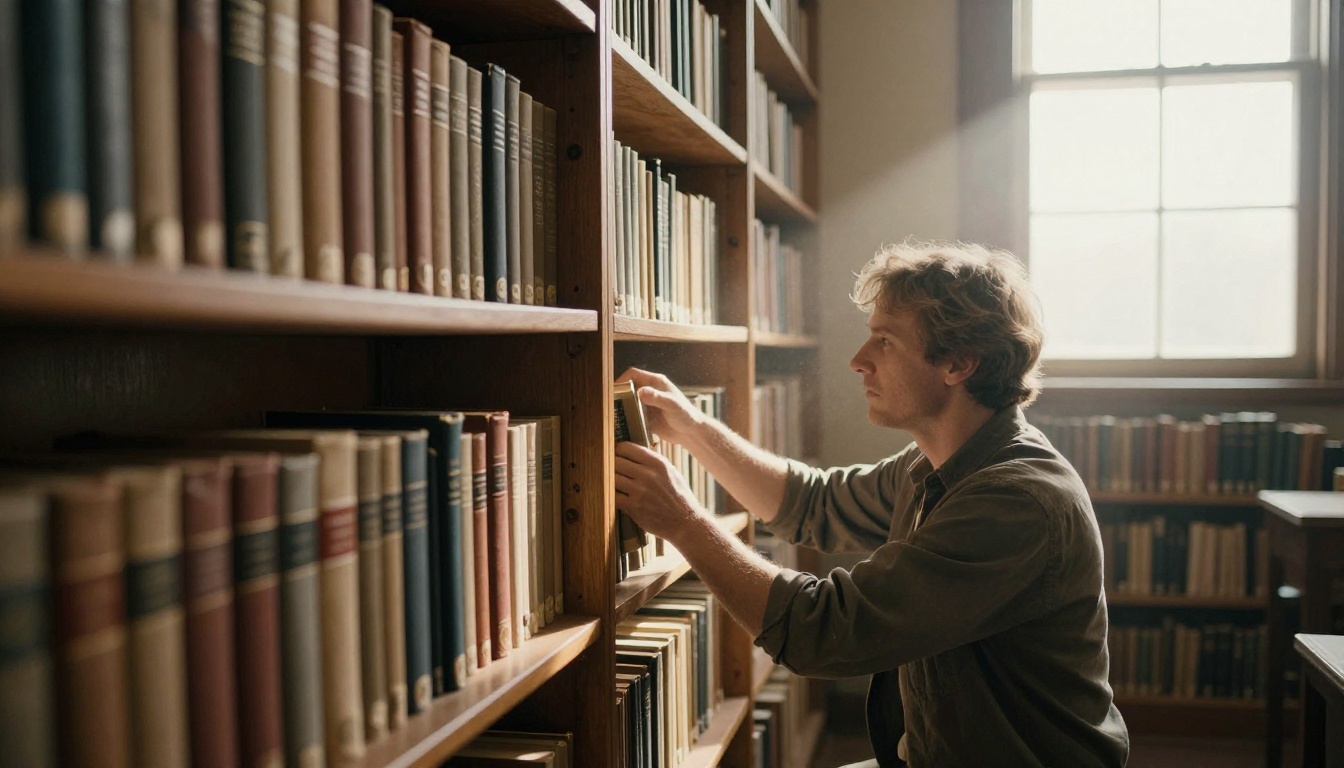 A researcher pulling a hardback book from a tall wooden library shelf