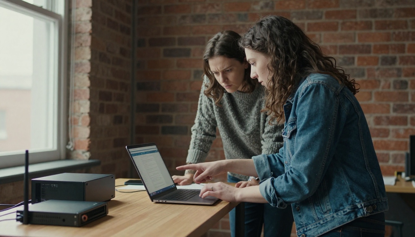 Two colleagues reviewing a laptop together at a standing desk