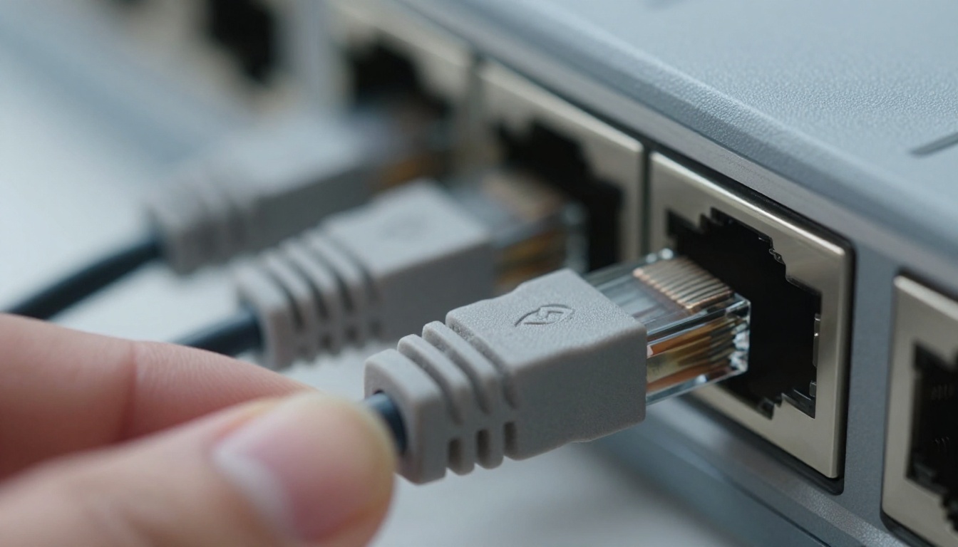 An ethernet cable being plugged into a grey network switch