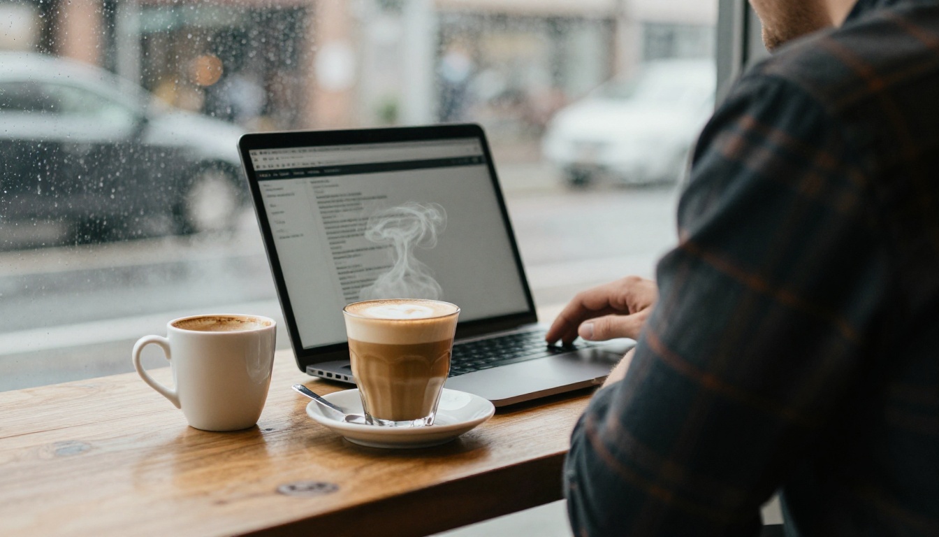 A man in a flannel shirt at a cafe table looking at a laptop