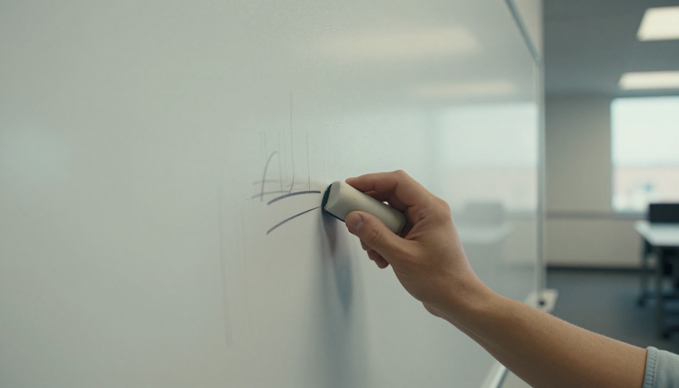 Hand erasing a whiteboard until only faint marker lines remain