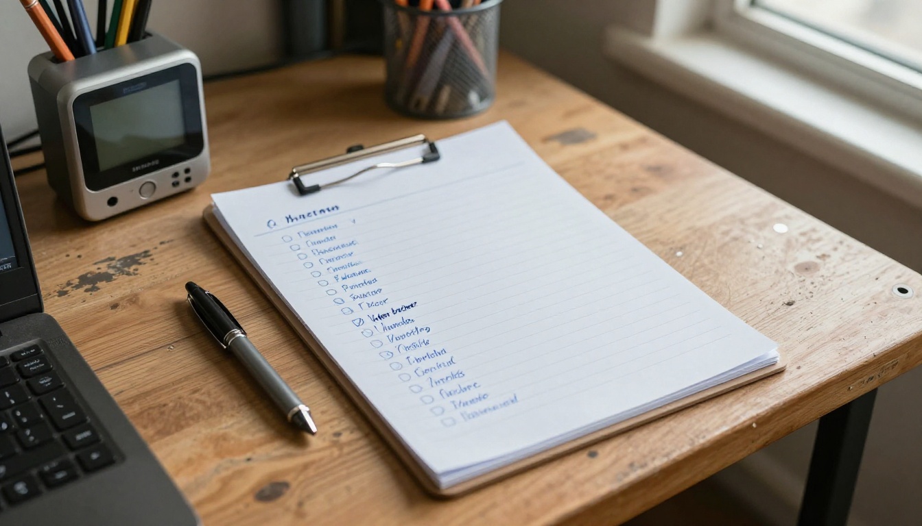 A handwritten checklist on a clipboard beside a small mini PC on a workshop bench