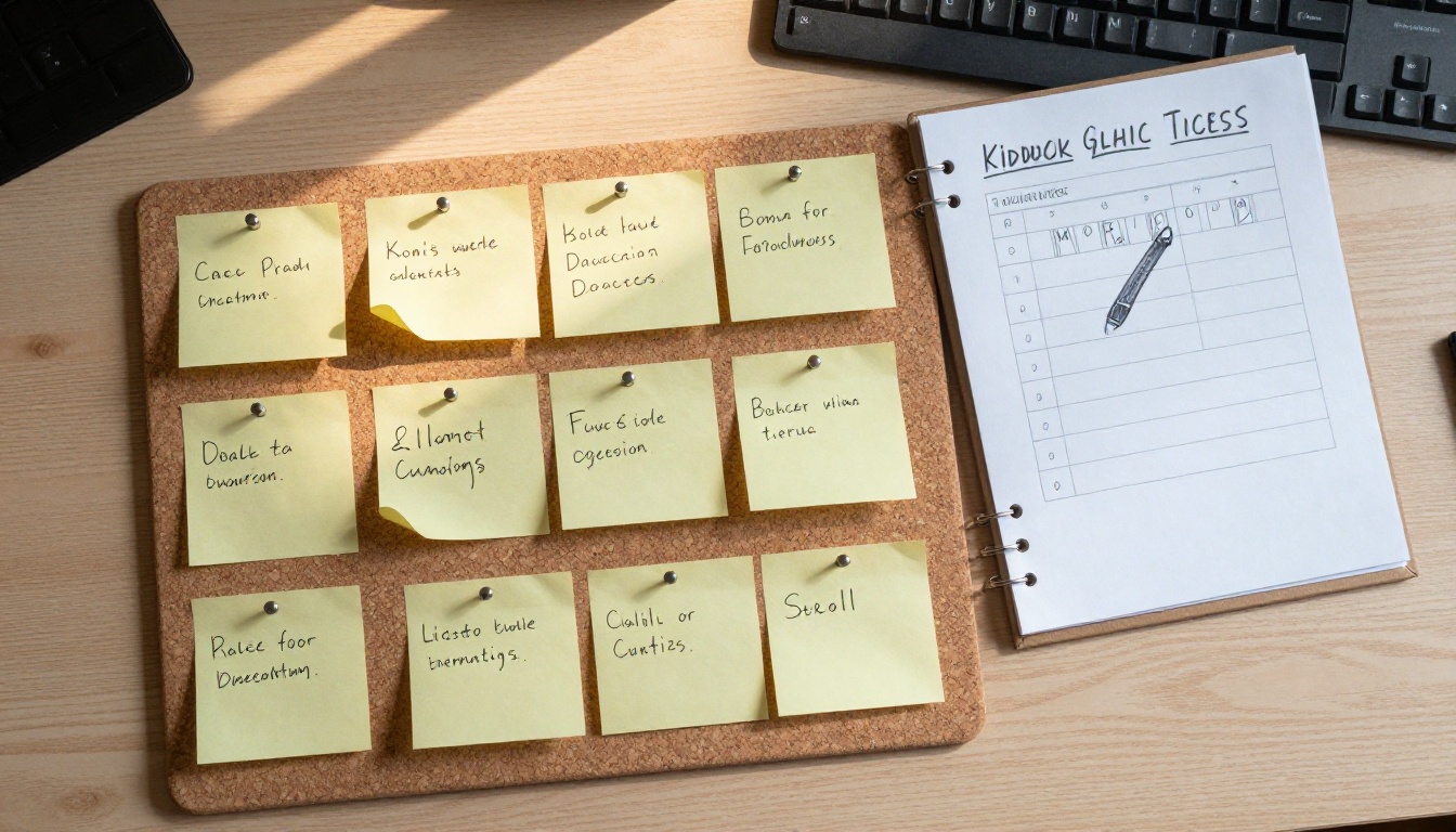 Cork board with sticky notes and index cards above a desk