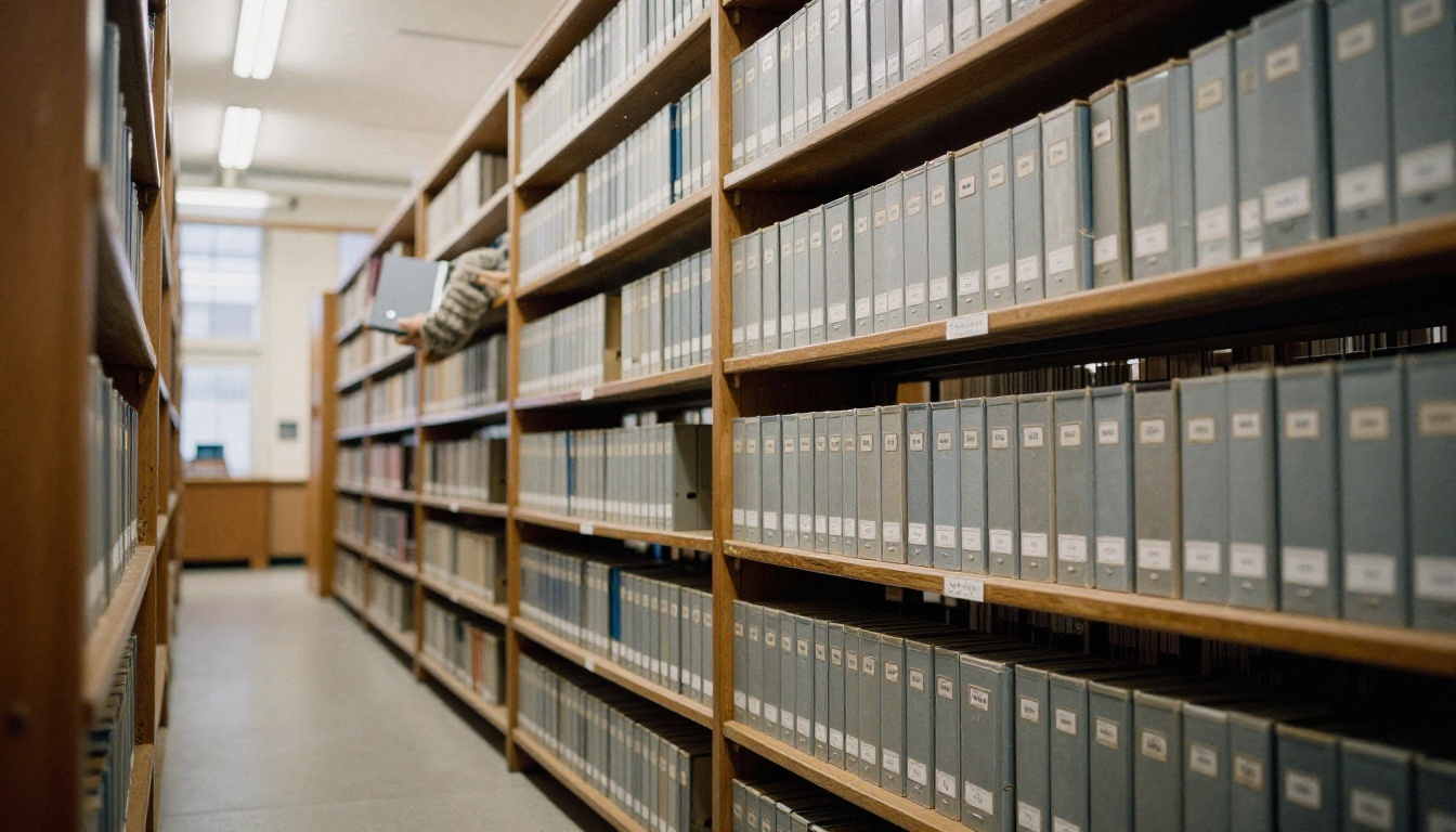 Long library aisle with shelves of labeled archive boxes