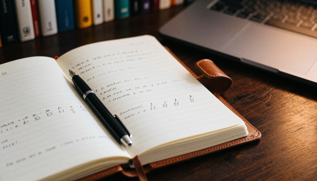 Open leather notebook with handwritten notes and a fountain pen
